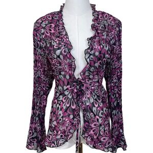 Vintage Studio 1940 Tie Front Ruffle Blouse Women XL Pink Black Floral Sheer Y2K